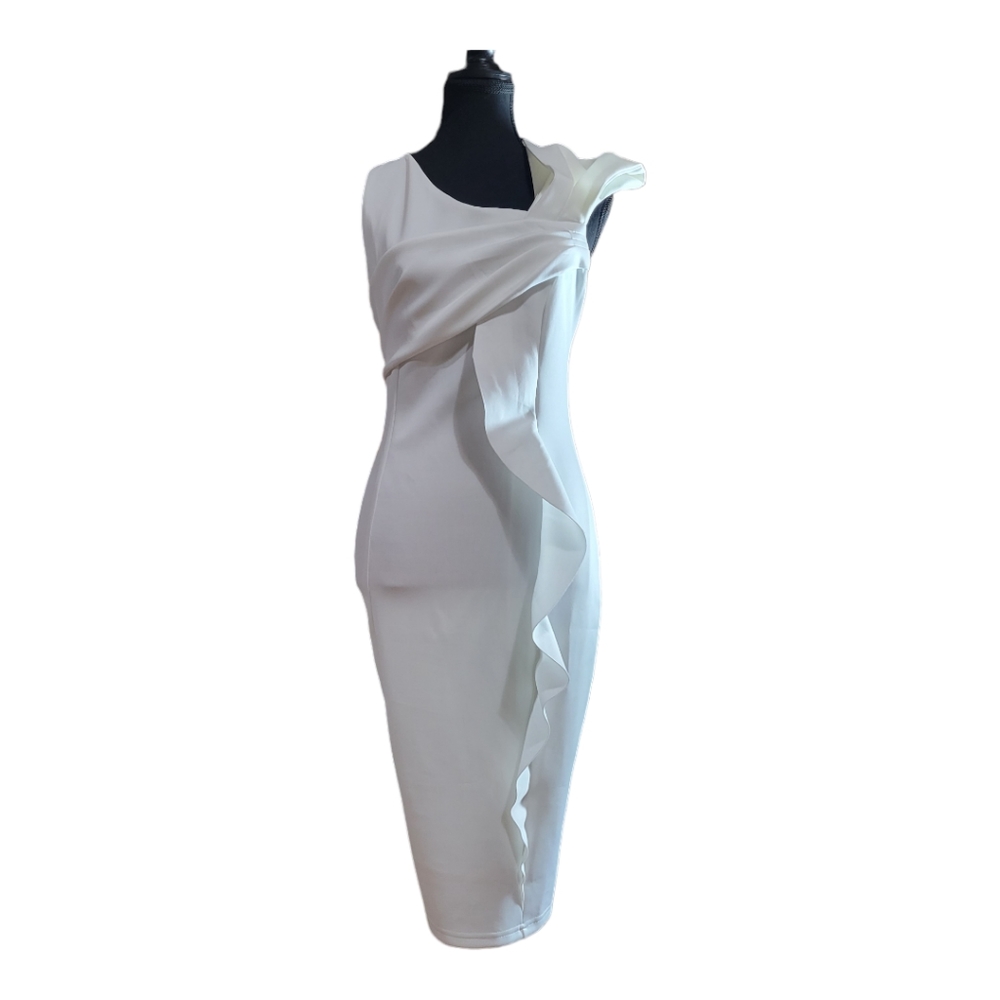 Ella Off white Sleeveless ruffle detail medium midi dress (NWT)